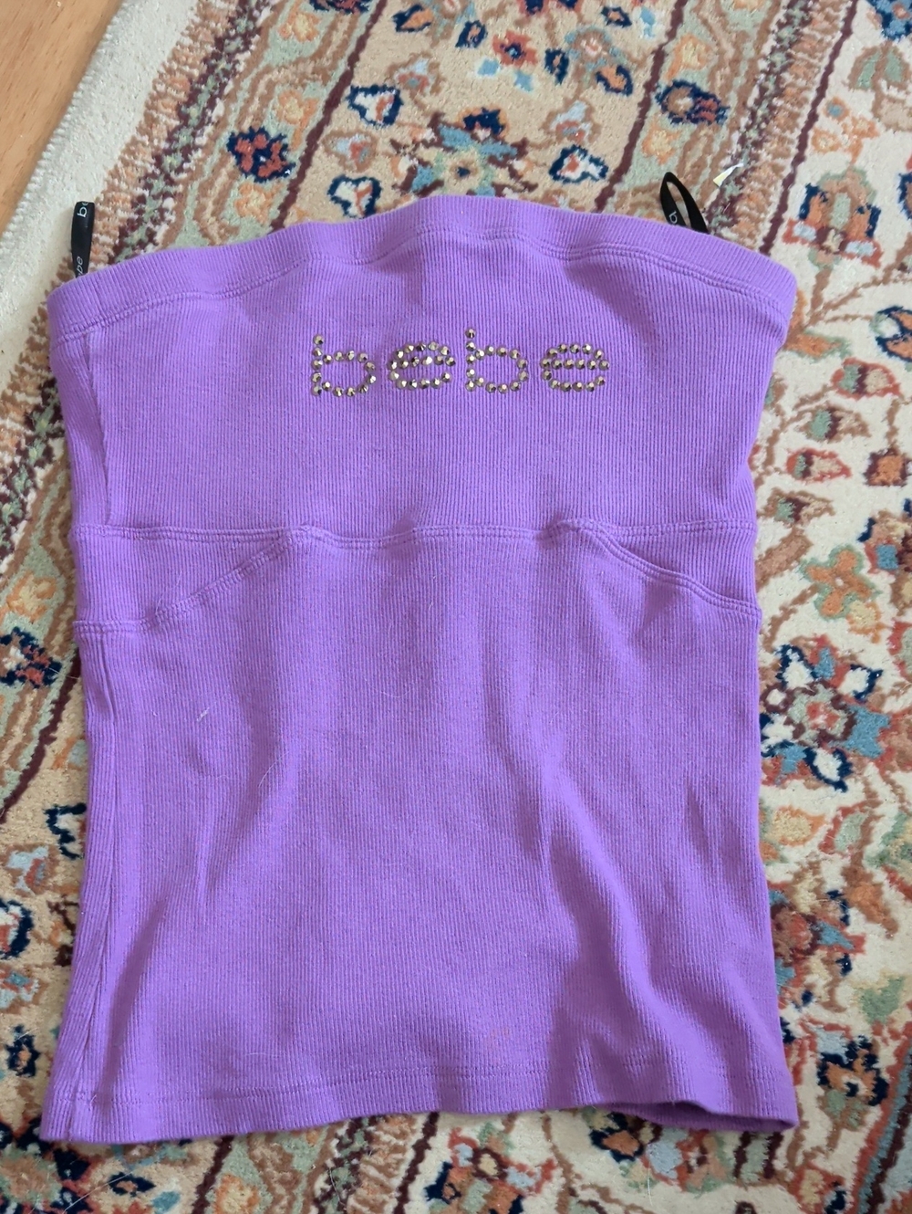 Y2k Vintage bebe Lavender Ribbed Strapless Tube Top with Rhinestone Logo